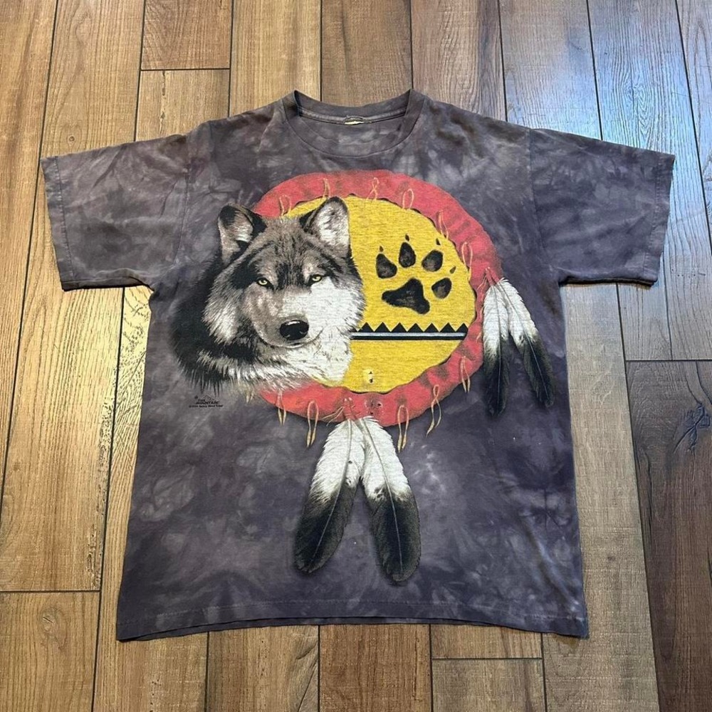 Vintage 2000ā the mountain wolf dream catcher gray tie dye Native tee large